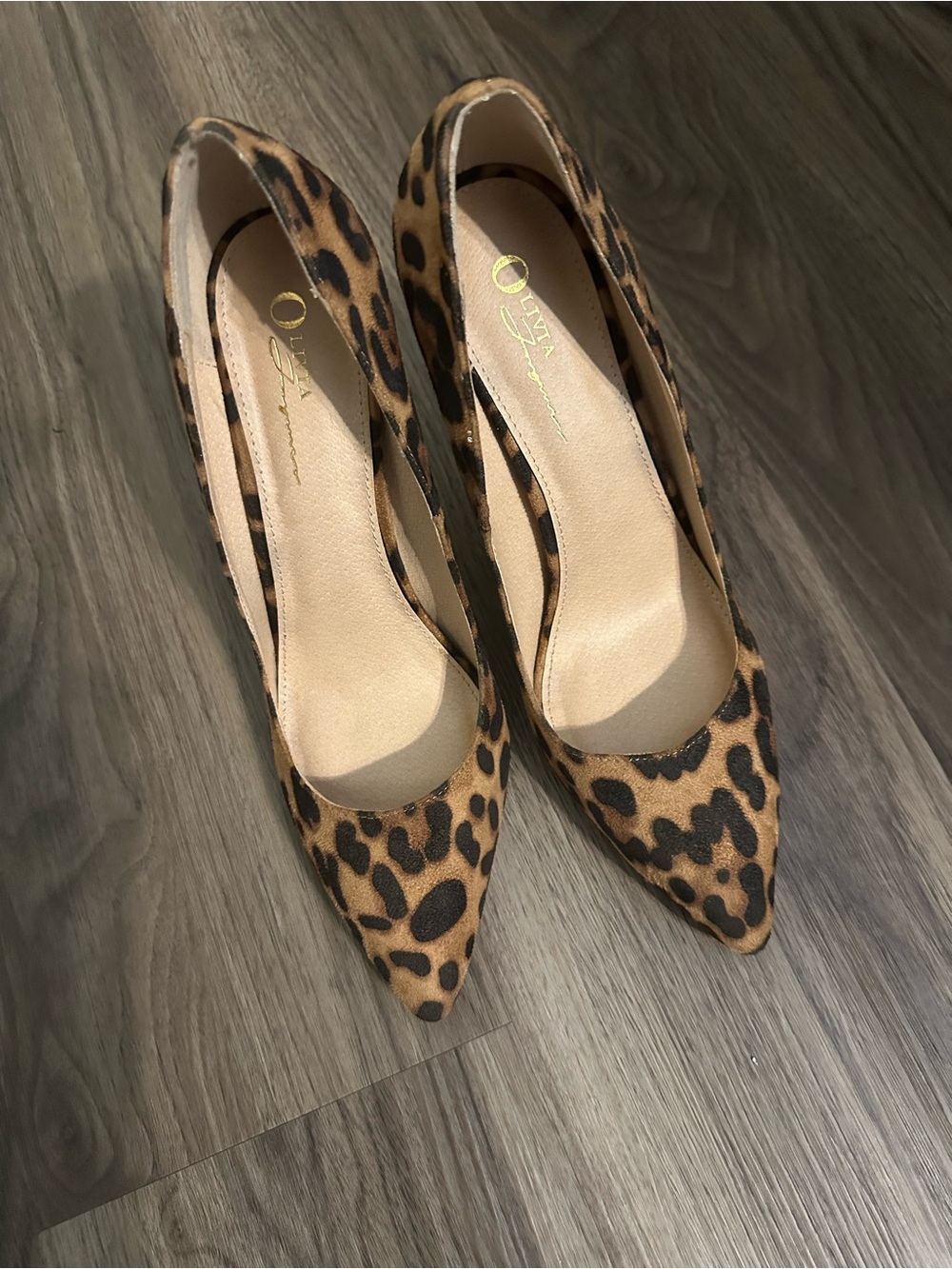 Olivia Miller Leopard-Print Pointed Toe Heels in Tan and Black
